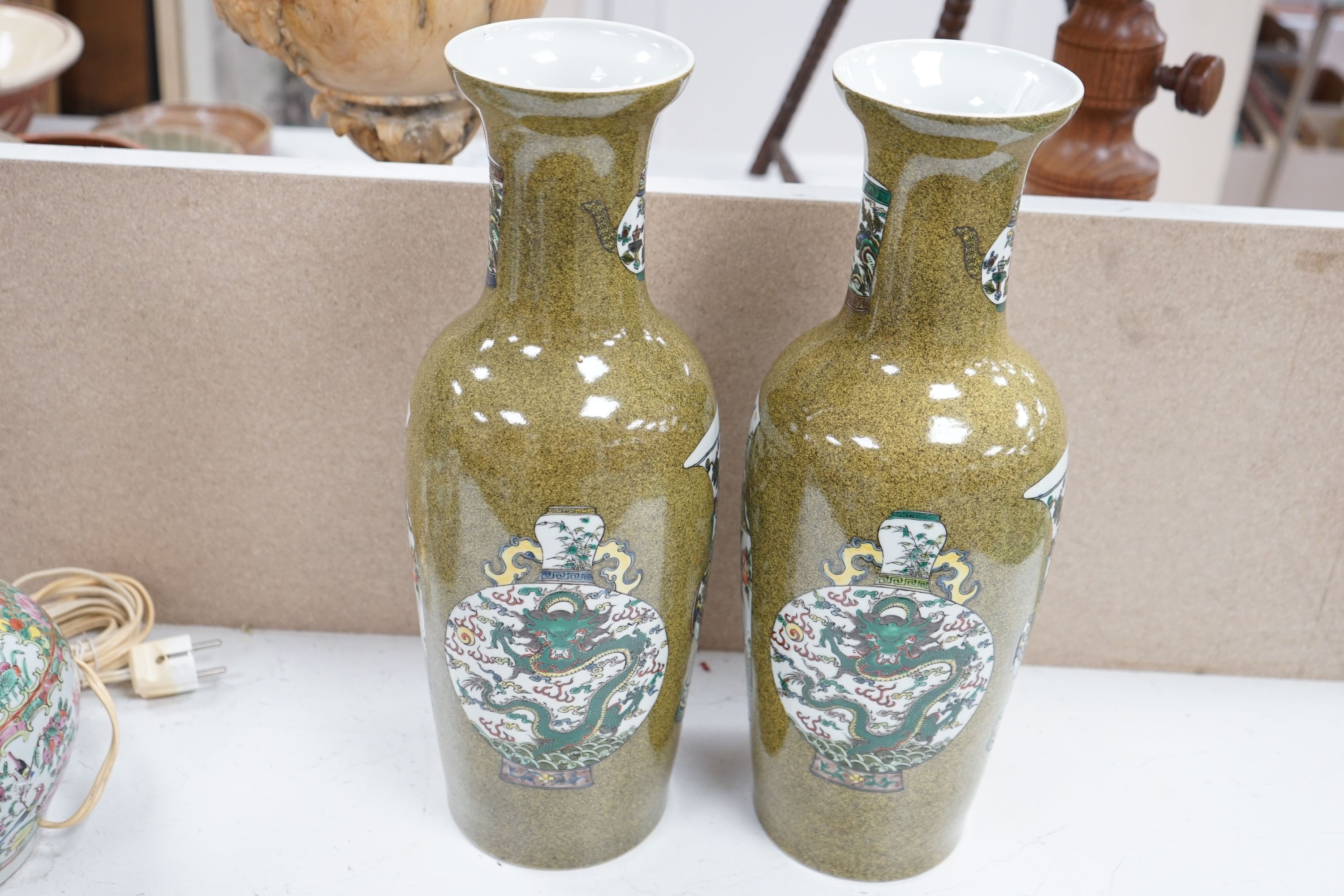 A pair of Chinese Kangxi style tea dust glazed vases, 46cm